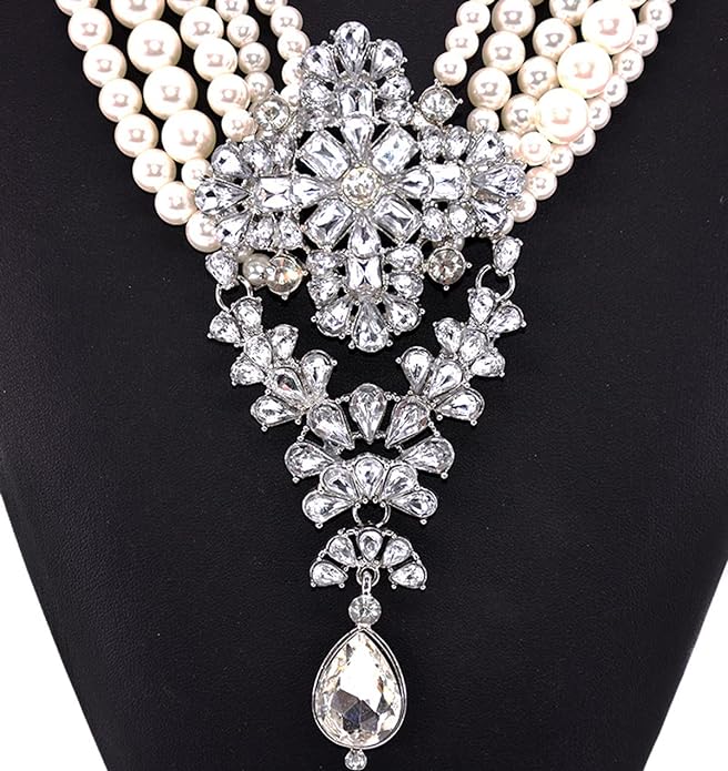 Vintage Inspired Multistrand Faux Pearl Rhinestone Bejeweled Necklace