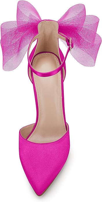 Elegant Pink Tulle Bow Detail Ankle Strap Heels