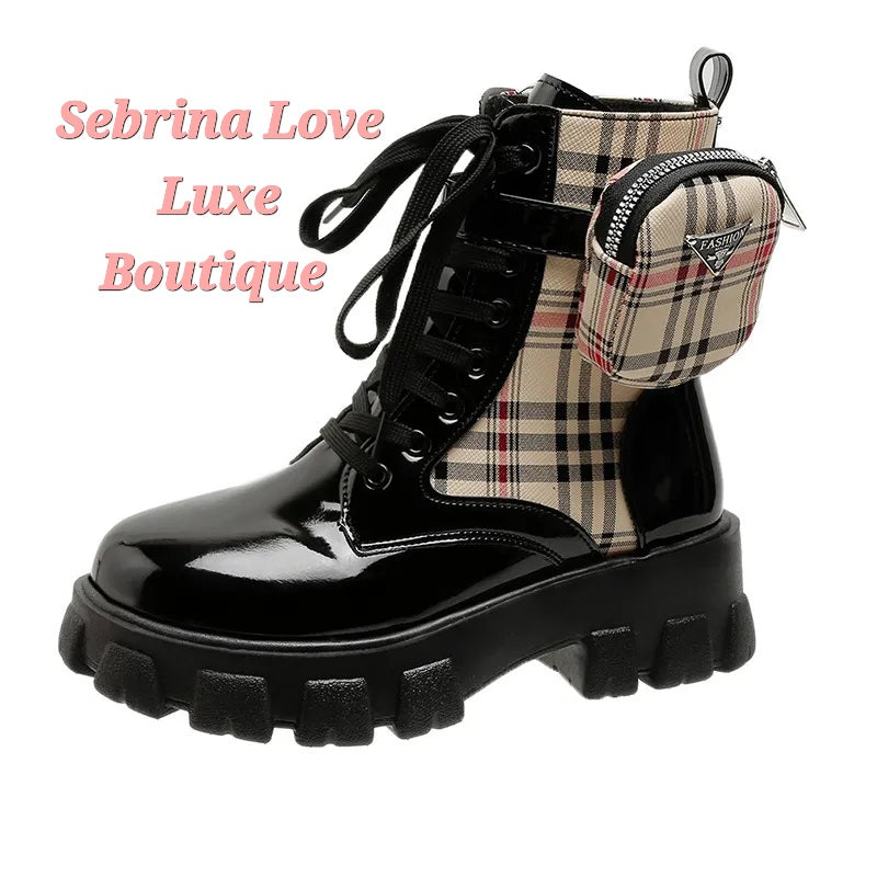 Cute Black British Plaid Cargo Detail Combat Boots (PRE-ORDER ITEM)