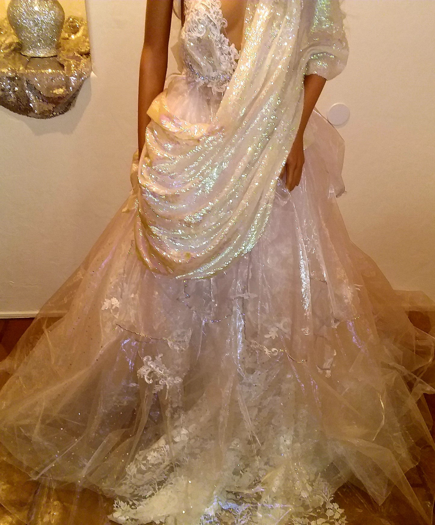 Exotic "ANIKA" White Lace & Tulle Sequin Lehenga Saree Wedding Ballgown Set