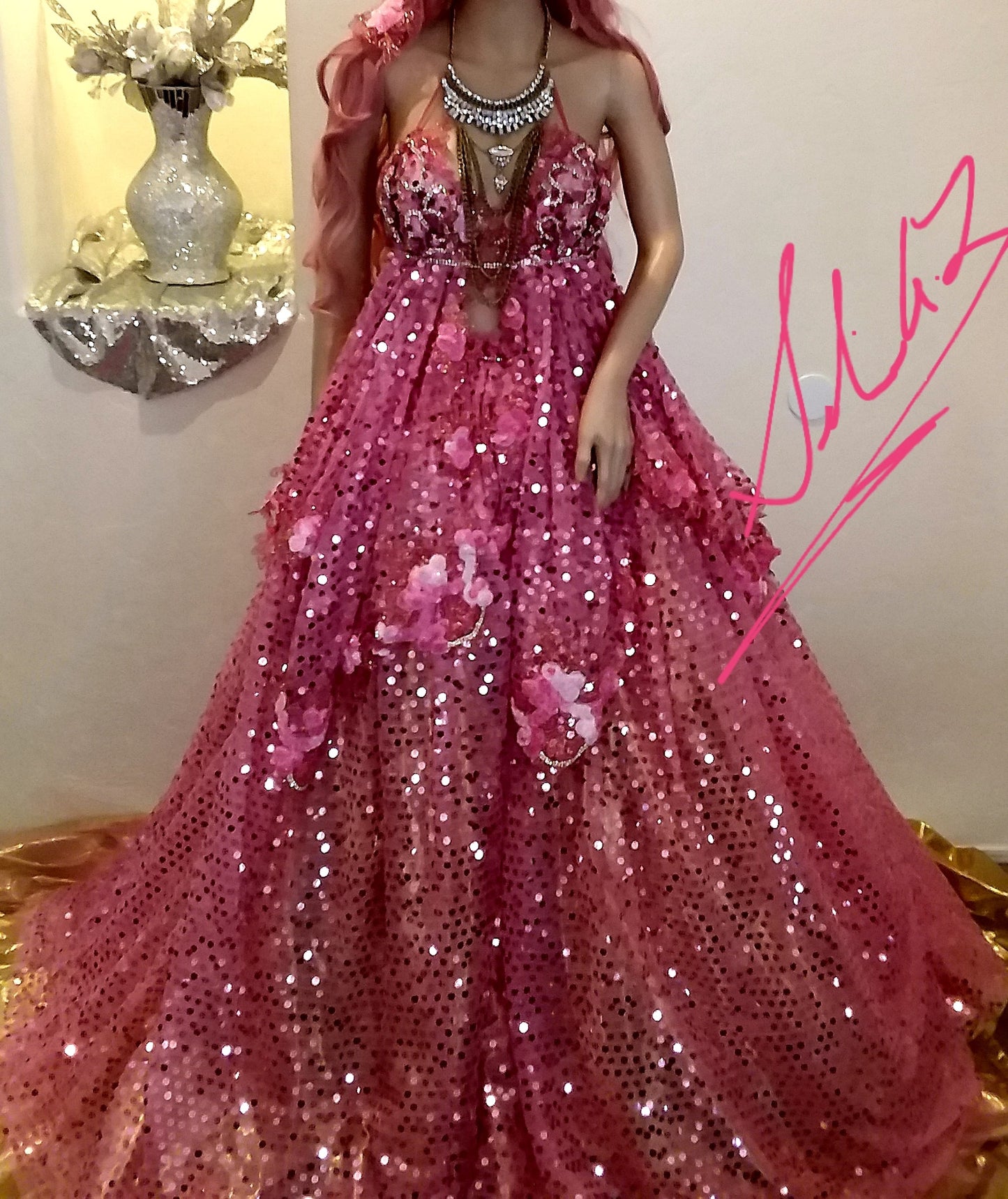 The "SHAYLA" Hot Pink Sequin Lace Crystal Wedding Ballgown Set