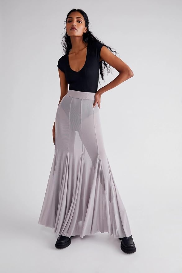 Chic Muted Lavender Sheer Powermesh Maxi Skirt