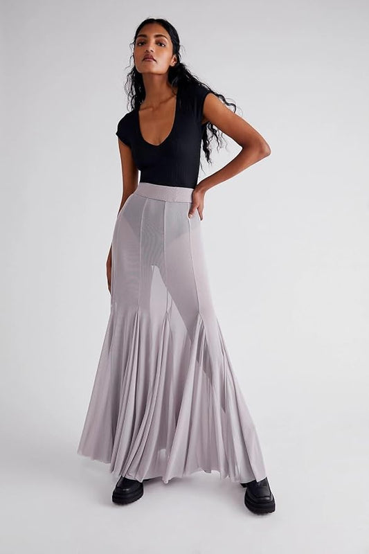 Chic Muted Lavender Sheer Powermesh Maxi Skirt