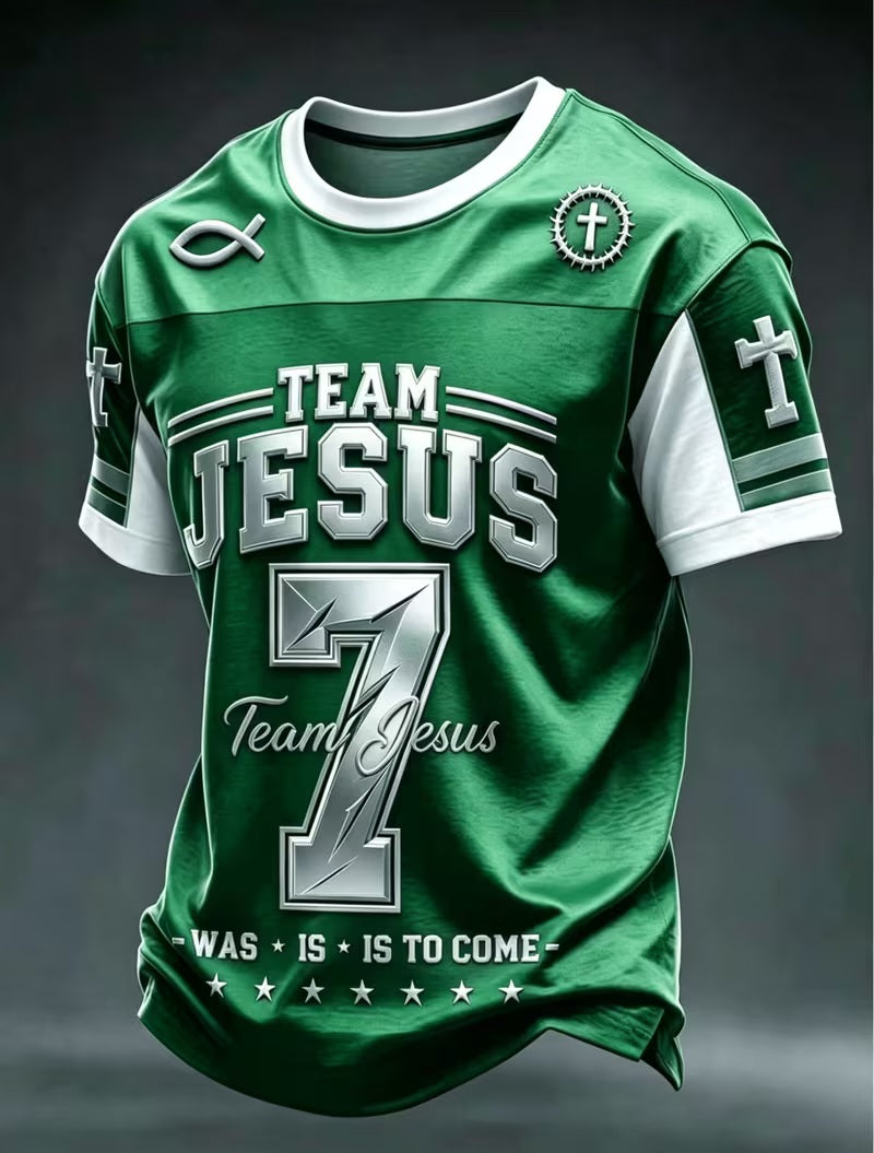 Inspirational "TEAM JESUS" Navy Blue & White Christian Printed Graphic Scripture Short Sleeve Football Jersey