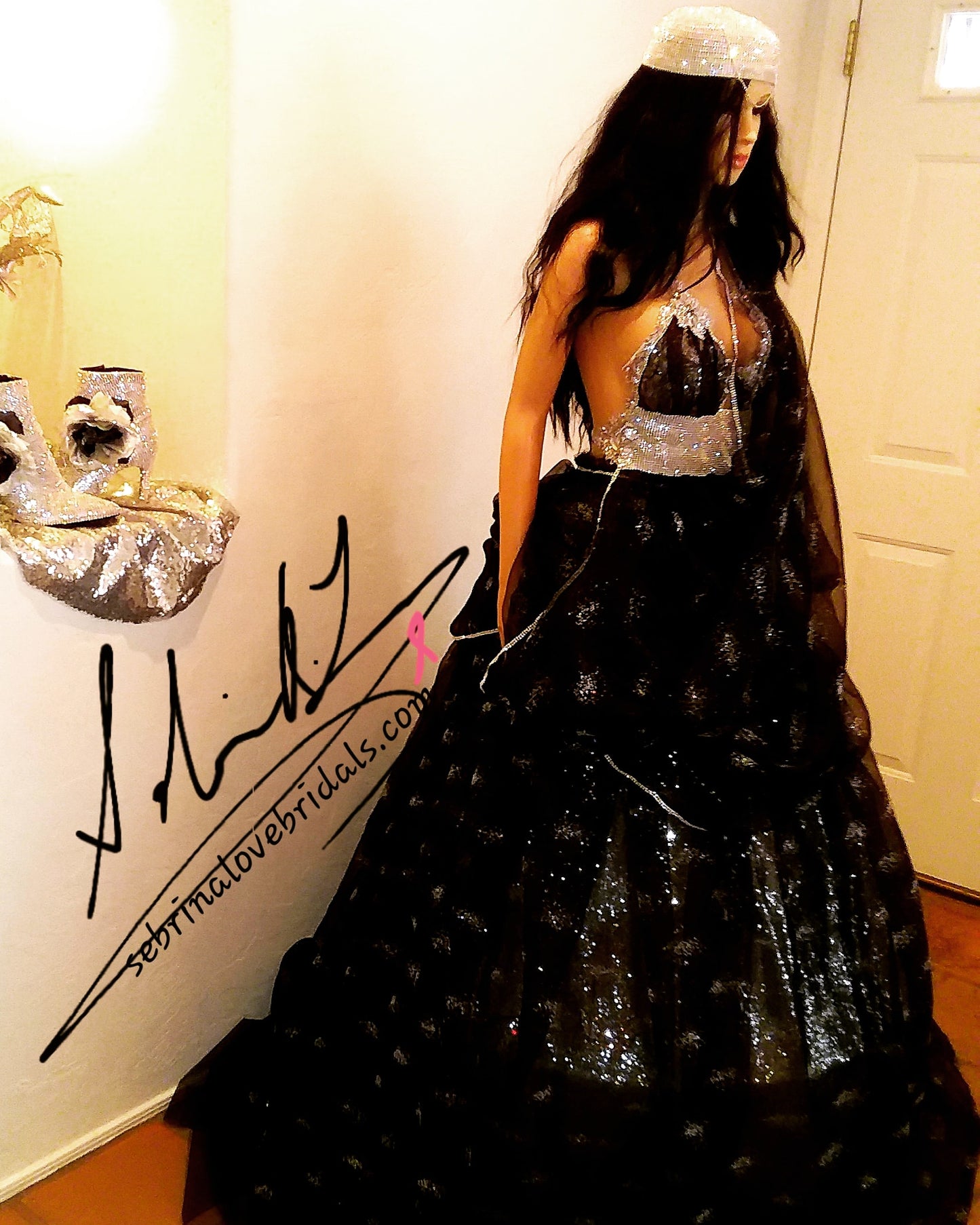 "TWILA" Custom Order Gothic Romance Black & Silver Crystal Stardust Organza Tulle Wedding Ballgown Set