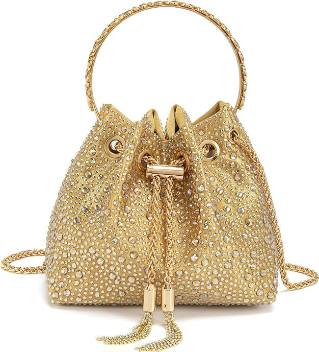 Elegant Gold Rhinestone Crystal Diamante Bucket Handbag Clutch Purse