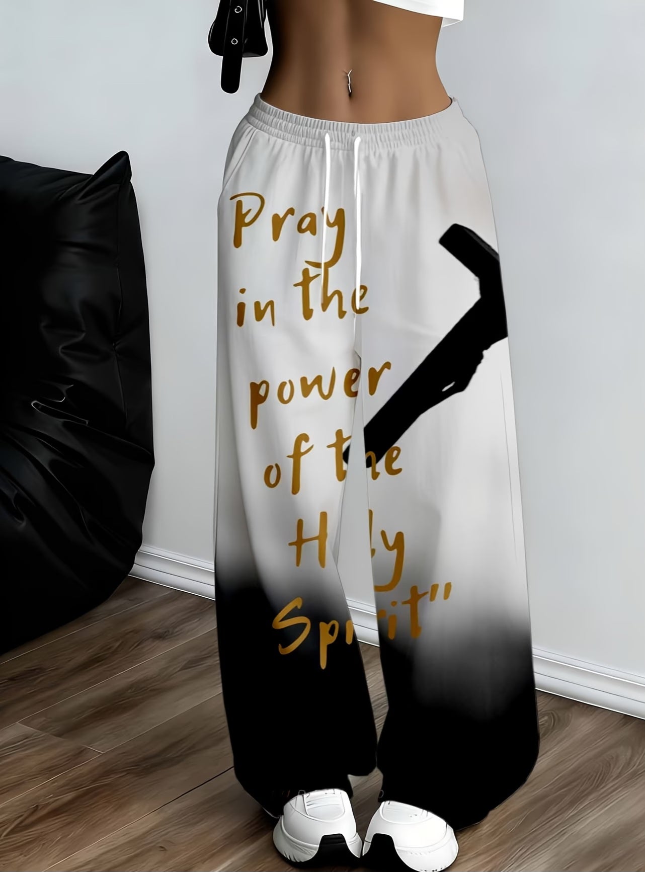 Christian White Black & Gold Inspirational Scripture Wide Leg Jogger