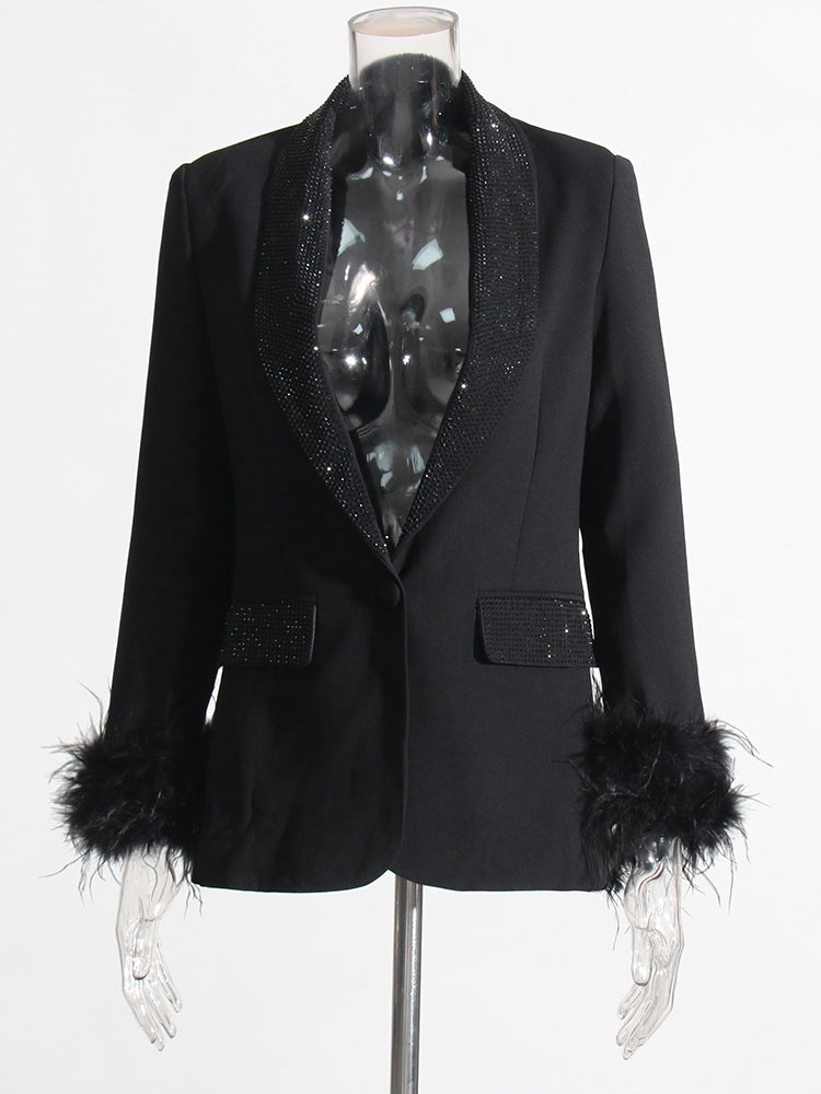 Beautiful Black Feather Cuff Crystal Bejeweled Blazer Jacket