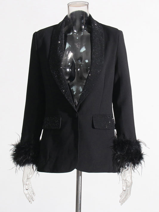 Beautiful Black Feather Cuff Crystal Bejeweled Blazer Jacket