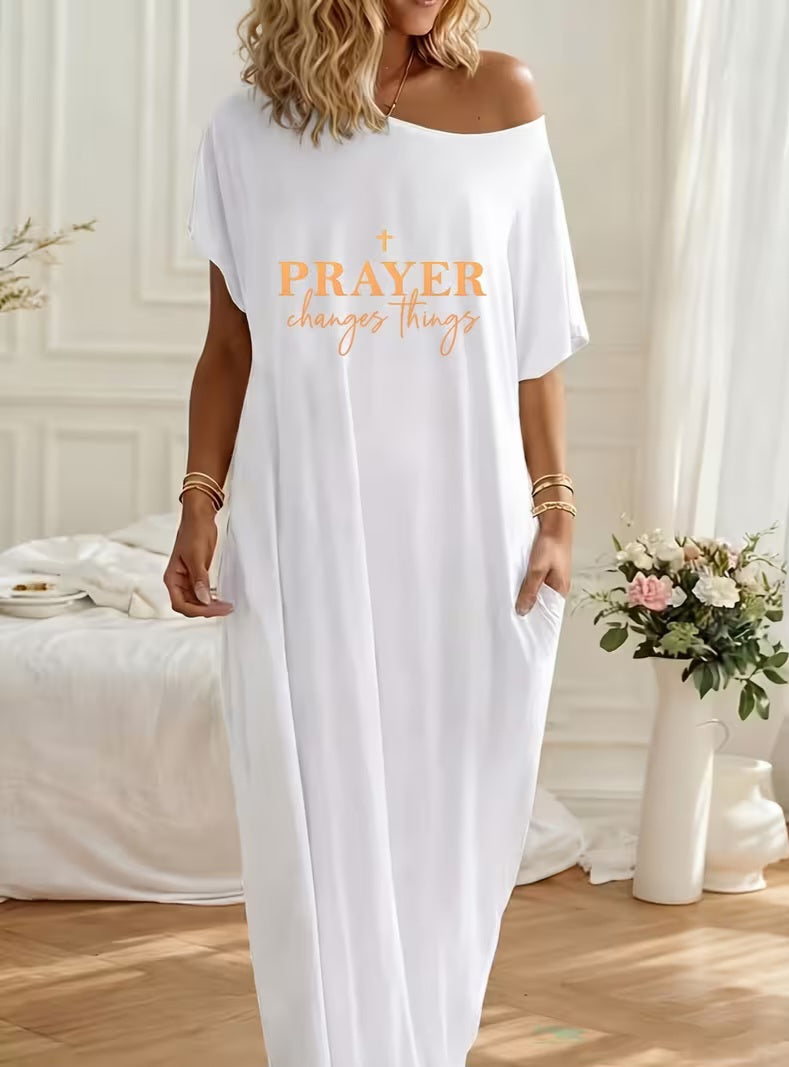 "FAITH CHANGES THINGS" White & Gold Inspirational Scripture Maxi Dress