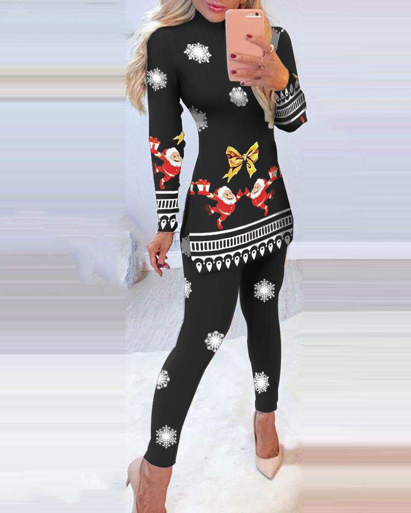 Festive Black, Red & White 2 Piece Fitted Tunic & Leggings Set