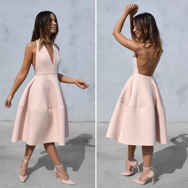 Romantic Blush Backless Tea Length Dress