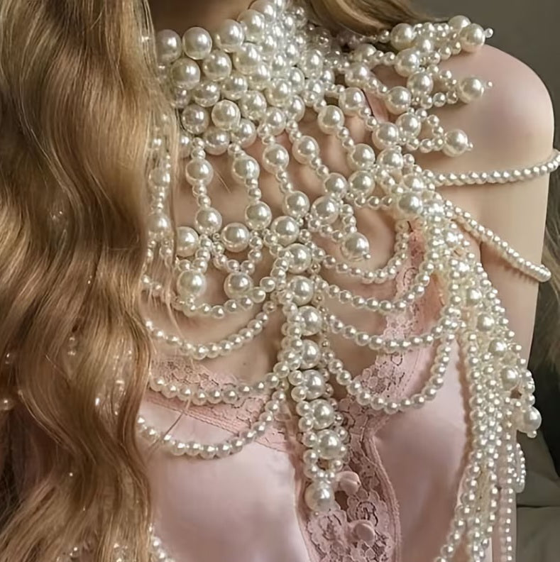 Luxe Draped Faux Pearl Multi Strand Bejeweled Elizabethan Overlay Body Jewelry Crop Top