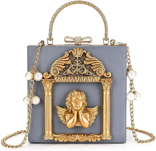Elegant Gothic Romance Dusty Blue & Gold Angel Detail Handbag Clutch Purse