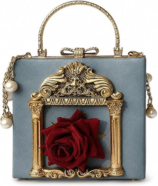 Elegant Gothic Romance Dusty Blue & Gold Red Rose Handbag Clutch Purse