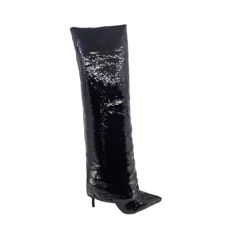 Sexy Black Sparkly Slouchy Knee Boots