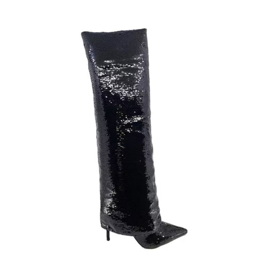 Sexy Black Sparkly Slouchy Knee Boots