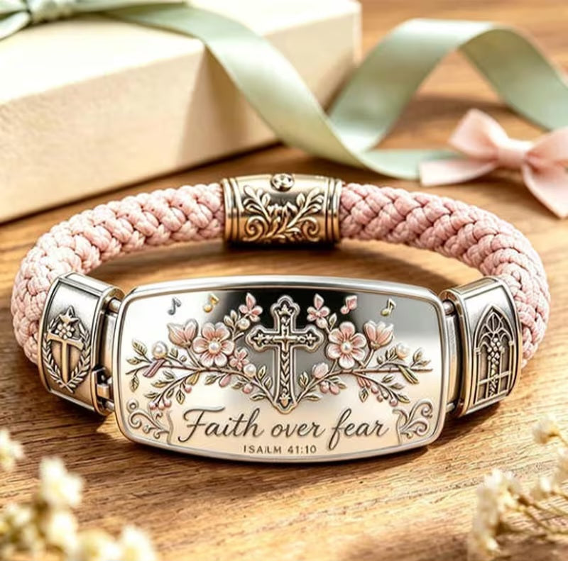 Beautiful Christian Scripture Pink & Silver braided Bracelet
