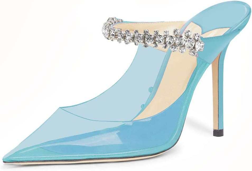 Sexy Baby Pale Ocean Blue Clear Transparent Jewel Embellished Mule Heels