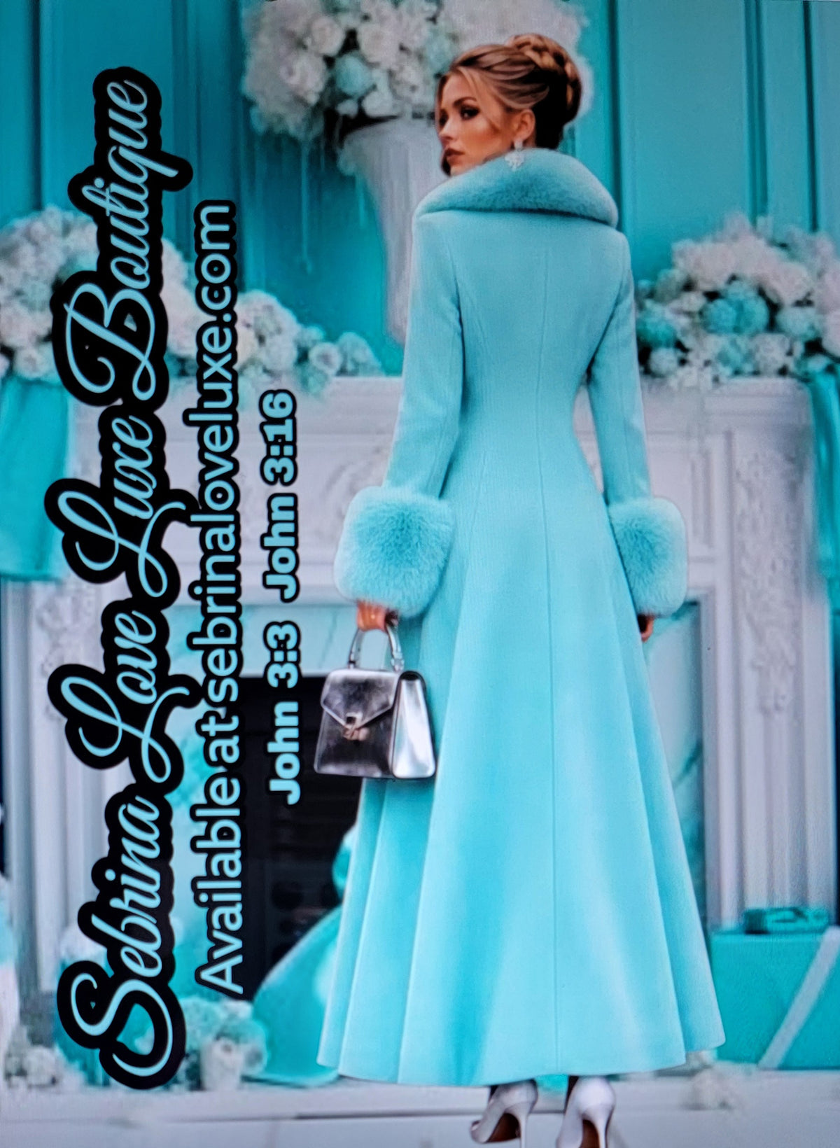 Luxe Ocean Aqua Blue Mint Green Faux Fur Trim Midi Coat