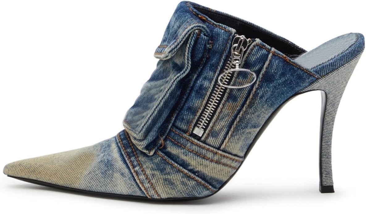 Chic Meduim Wash Distressed Denim Cargo Mule Heels