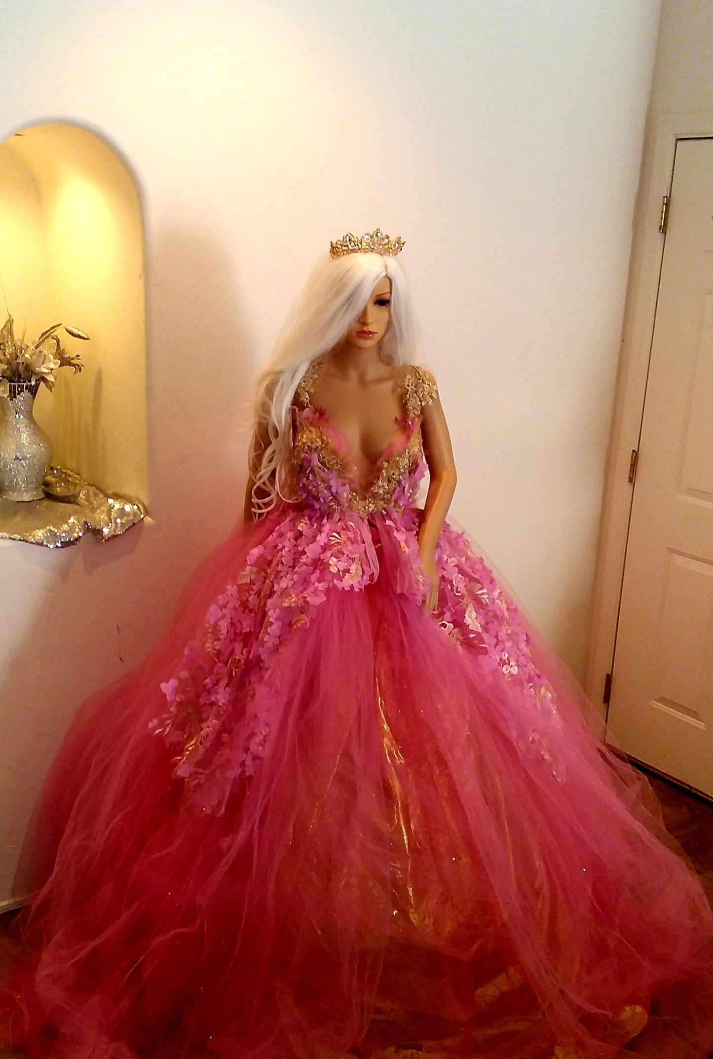 "HOPE" Pink & Gold Embroidered 3D Lace Crystal Beaded Wedding Ballgown Set