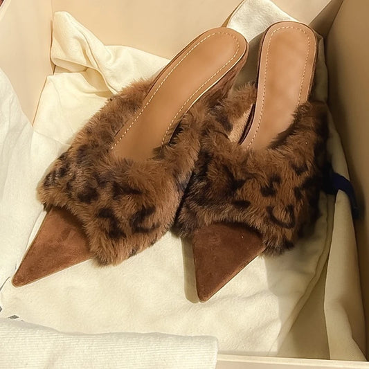 Elegant Walnut Brown & Black Animal Print Faux Fur Wedge Mules