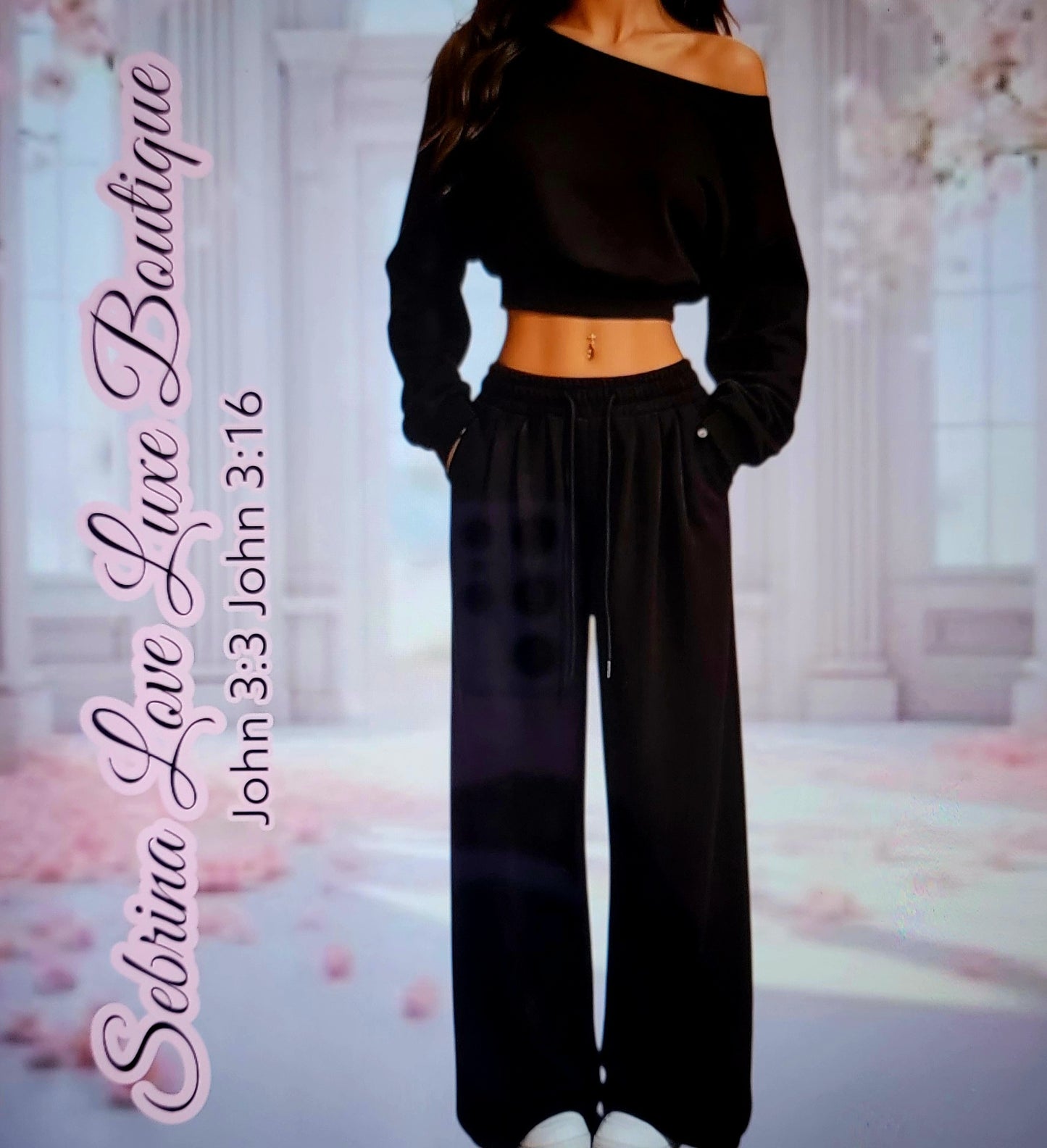 Cozy Black Cropped Sweatshirt & Wide Leg Jogger Set