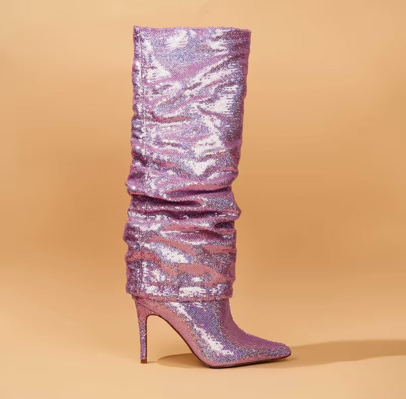 Sexy Metallic Lilac Pink Sparkly Slouchy Knee Boots