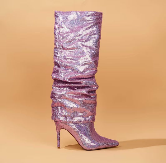 Sexy Metallic Lilac Pink Sparkly Slouchy Knee Boots