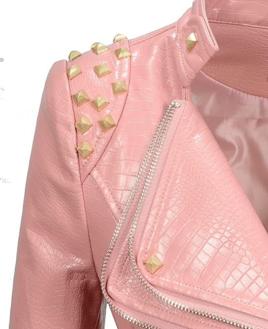 Edgy Pink Studded Faux Leather Rocker Biker Jacket