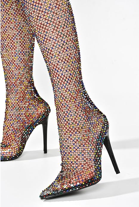 Sexy Black Multicolor Rhinestone Crystal Mesh Thigh Boots