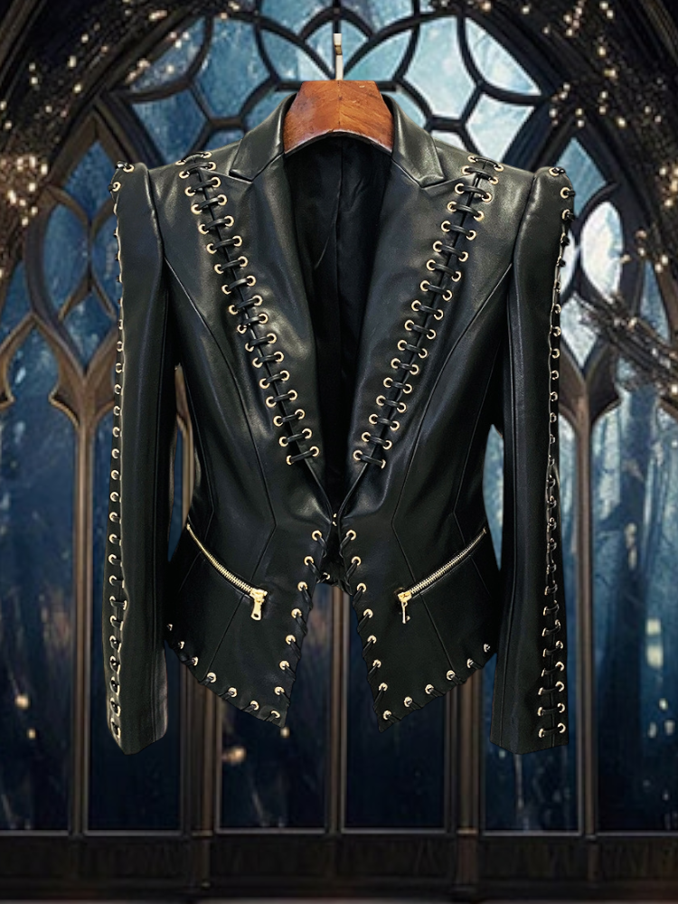 Edgy Black Corset Laced Rocker Biker Jacket