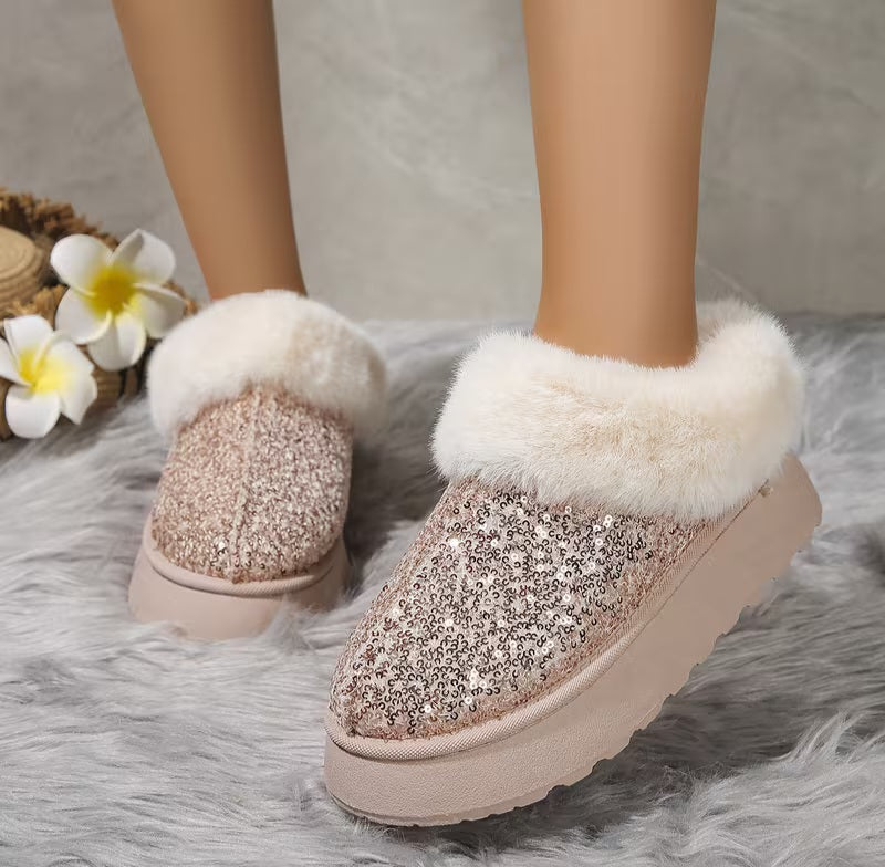 Stylish Rose Gold Sequin Faux Fur Trim Slippers