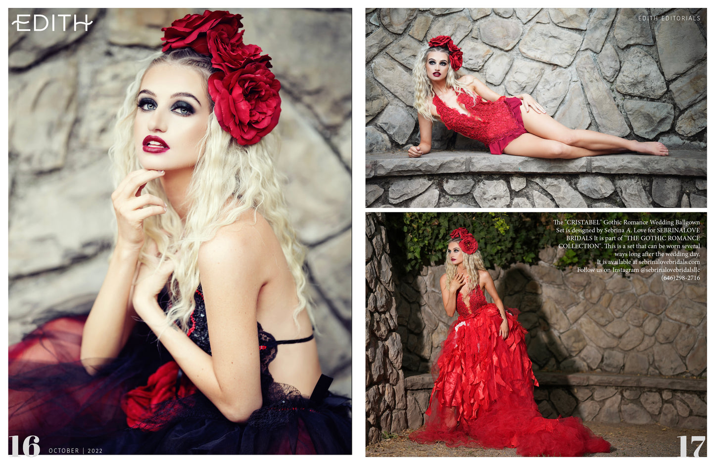 "WILLA" Custom Order Gothic Romance Red & Black Lace Tulle & Rosette Wedding Ballgown Set
