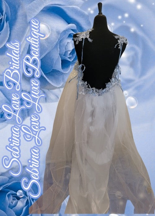 "HEAVENLY" White & Ice Blue Lace & Sequin & Tulle Wedding Ballgown & Headpiece Set