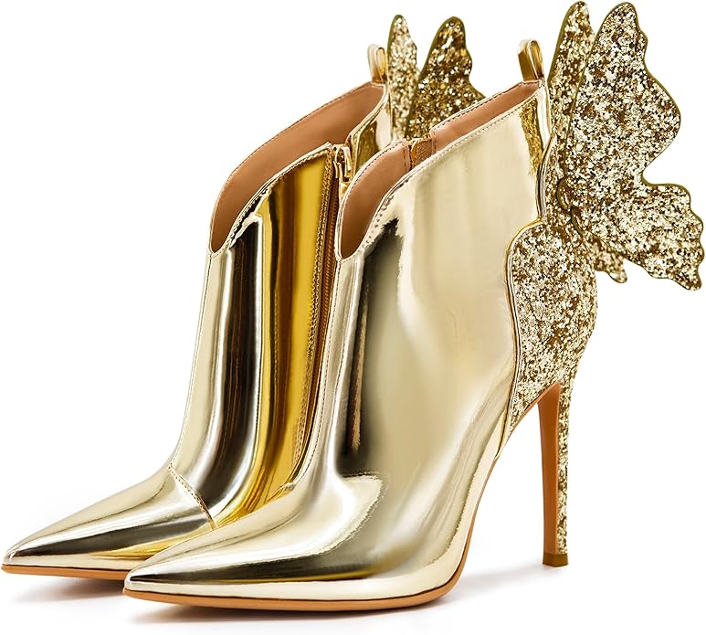 Sexy Gold Butterfly Sparkly Stiletto Ankle Boots