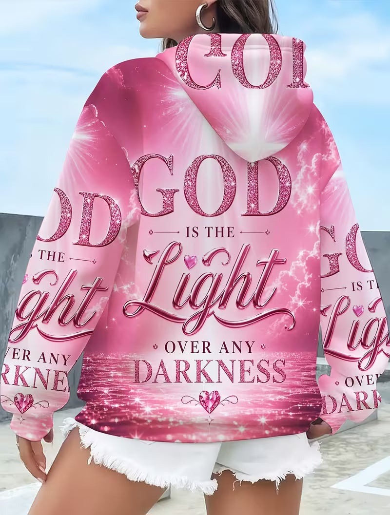 "GOD IS THE LIGHT OVER ANY DARKNESS" Graphic Soft Pink & White Scripture Hoodie Sweatshirt
