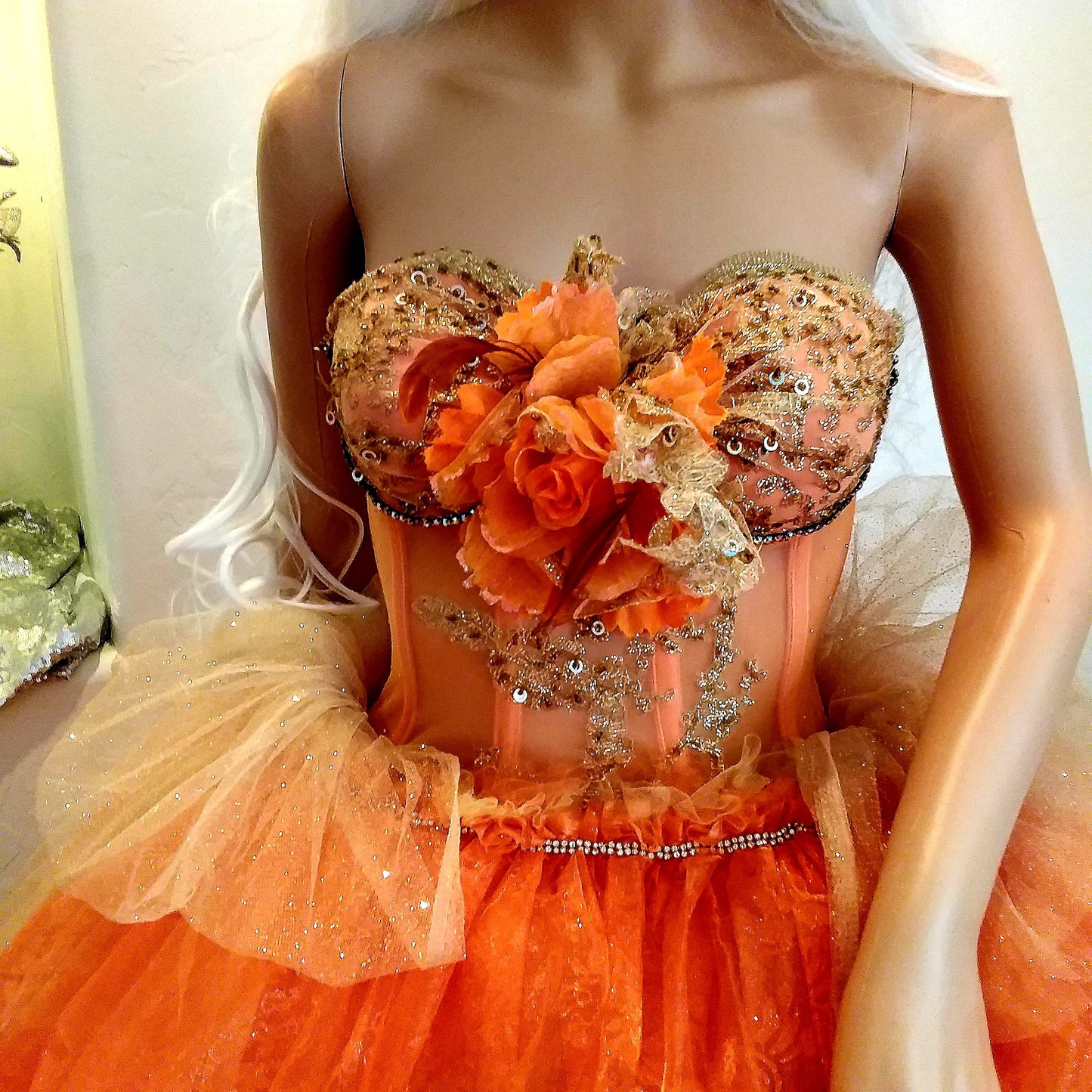 The "AUTUMN" Crystal Orange & Embroidered Lace Boho Festival Wedding Ballgown Set (Custom Order)