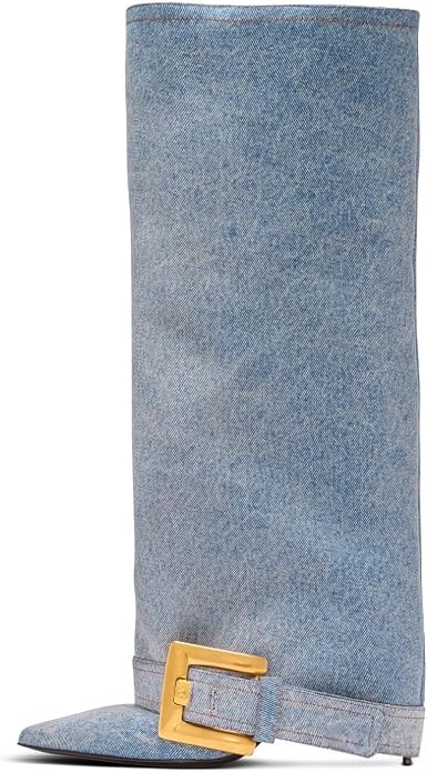 Chic Light Wash Blue Denim Foldover Buckle Detail Knee Boots