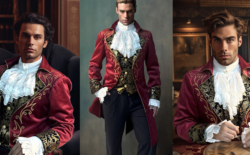 Men's Red & Gold Medieval Gothic Renaissance Victorian Inspired Steampunk Formal Tails Coat Costume