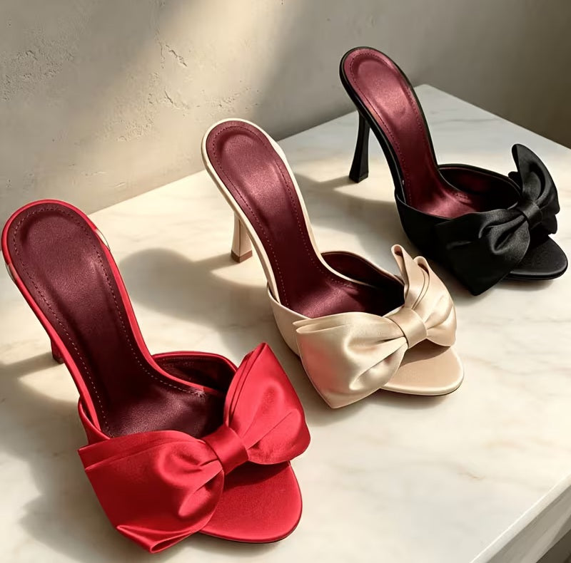 Flirty Romantic Red Bow Embellished Mules
