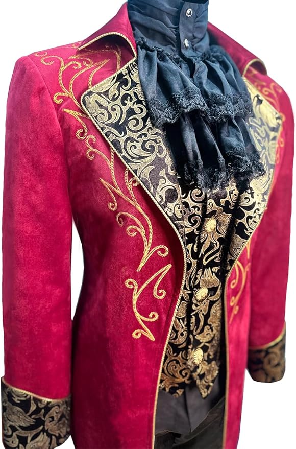 Men's Red & Gold Medieval Gothic Renaissance Victorian Inspired Steampunk Formal Tails Coat Costume