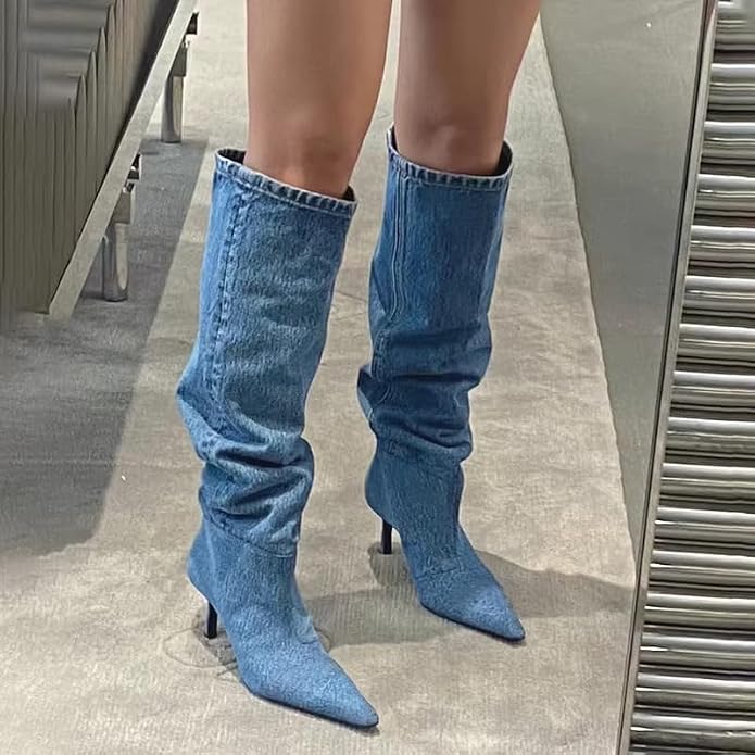 Chic Blue Denim Kitten Heel Knee Boots