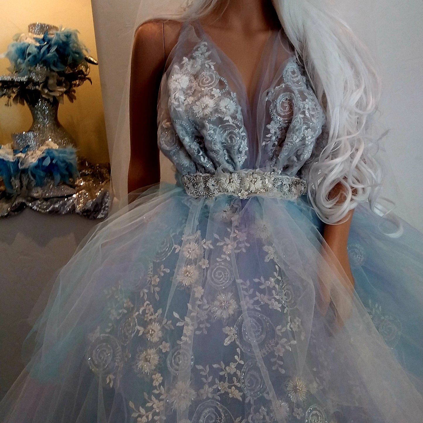 "MORWENNA" Lavender, Blue & White Lace & Tulle Wedding Ballgown Set