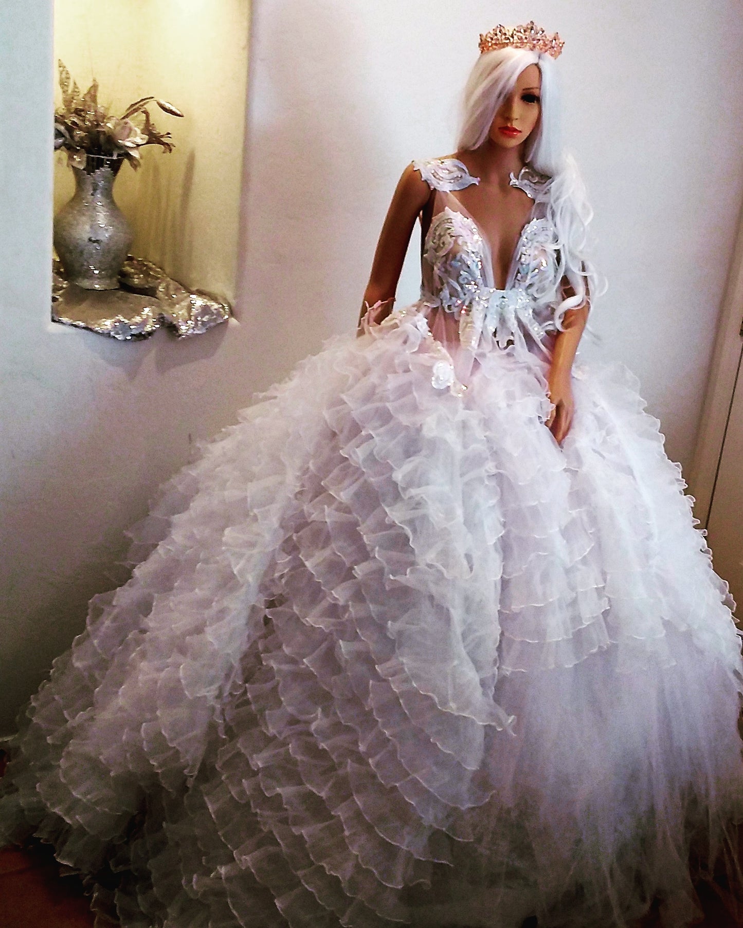 "BELLALUNA" White Ruffled Organza Embroidered Sequin Damask Lace Wedding Ballgown Set