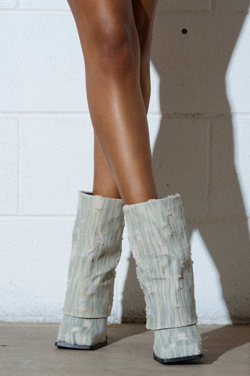 Chic Light Wash Blue Gray Distressed Denim Stiletto Heel Mid Calf Boots