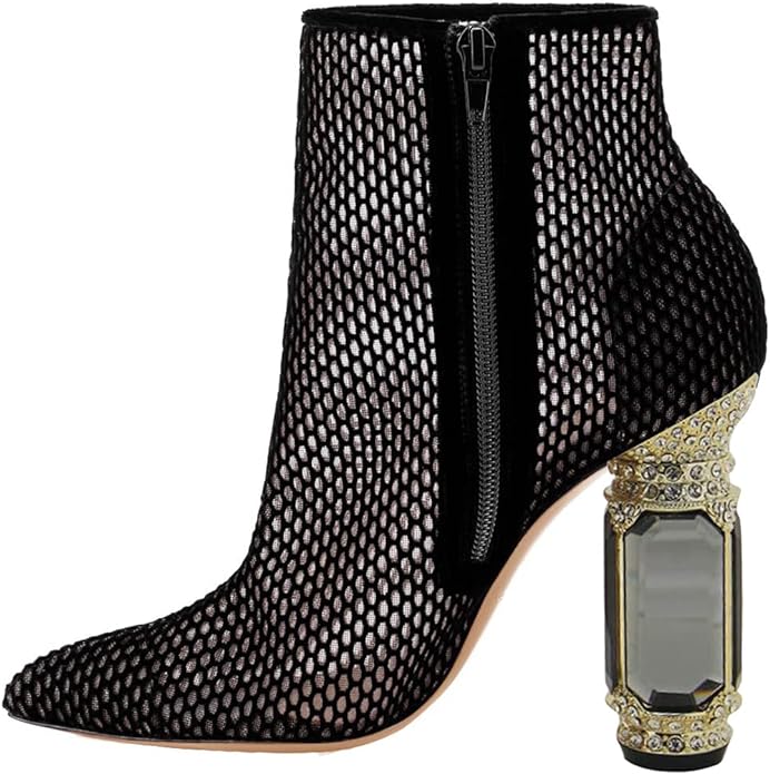 Beautified Black Mesh Bejeweled Ankle Boots