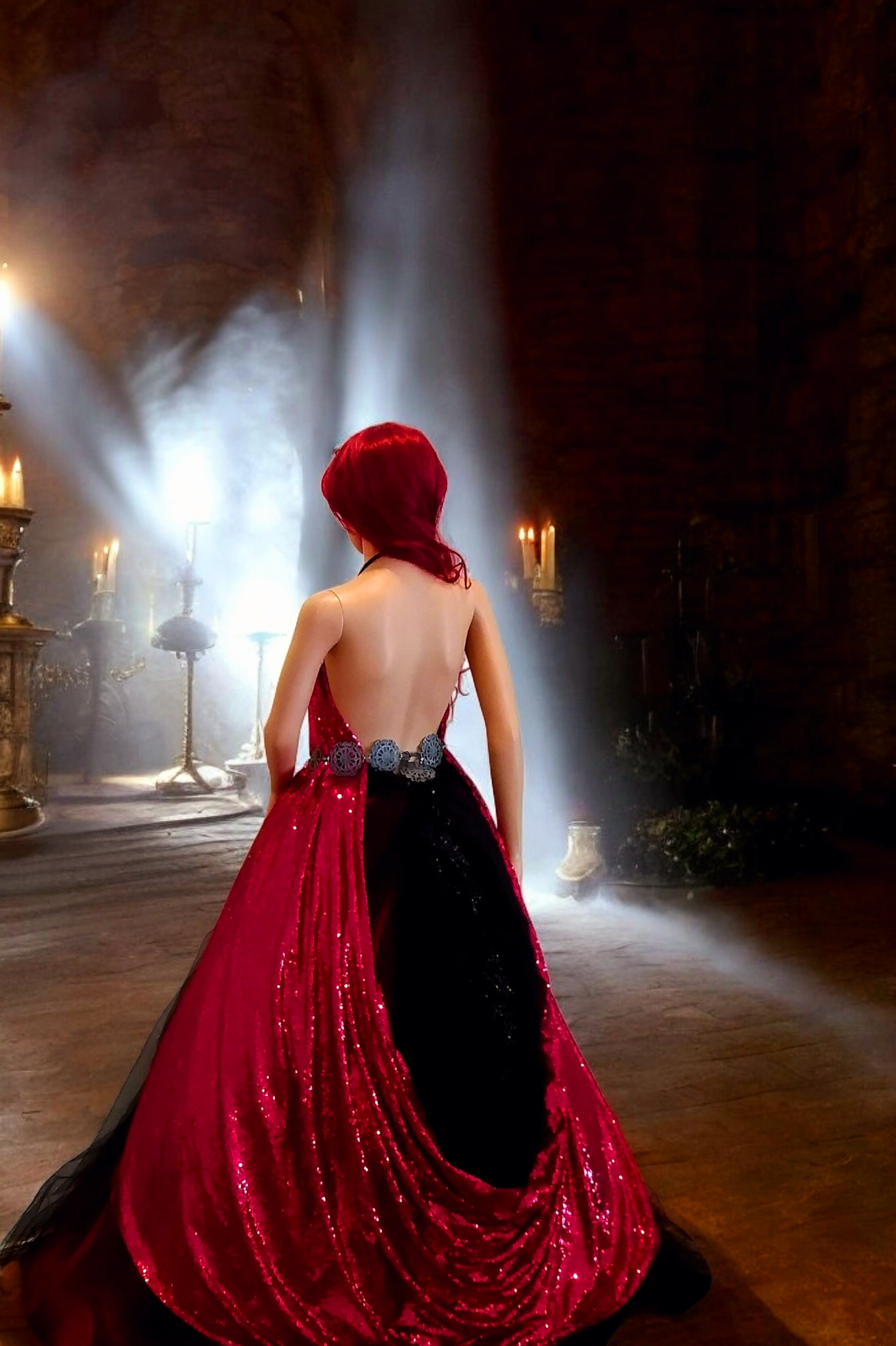 "TARAJI" Custom Order Gothic Romance Fuchsia Sequin & Black Tulle Wedding Ballgown Set