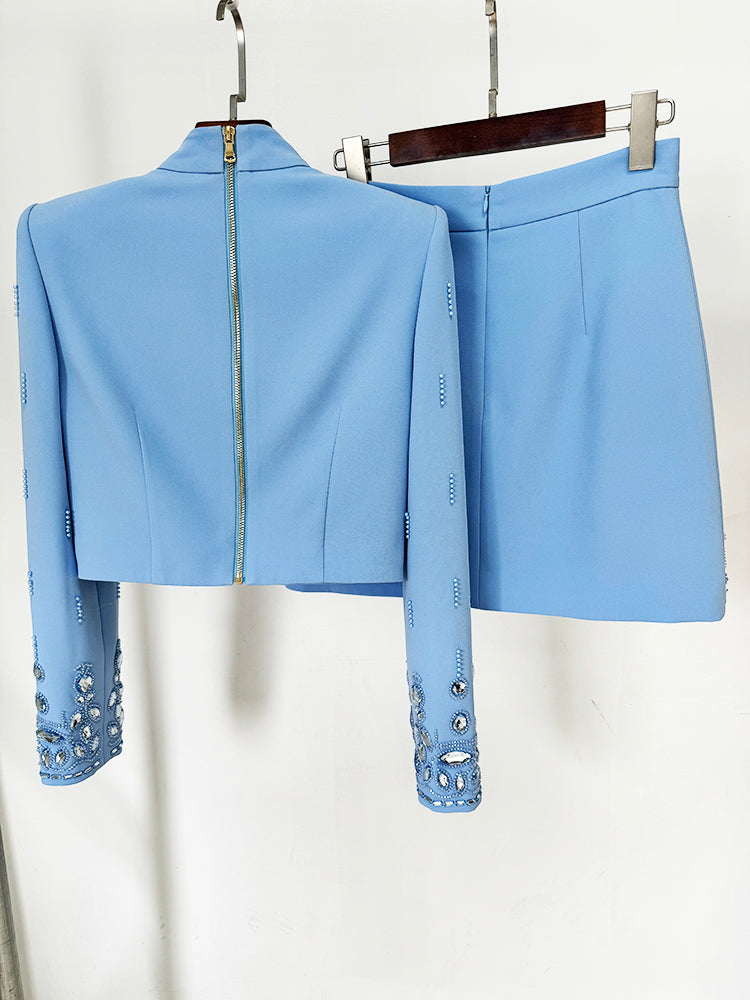 Beautiful Baby Blue Rhinestone Bejeweled 2 Piece Bolero Jacket & Mini Skirt Set